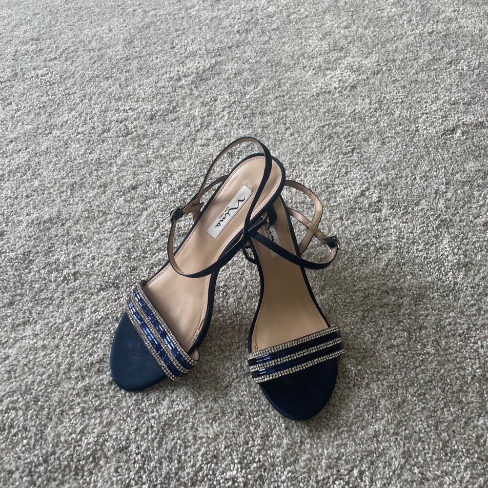 Nina Navy Strappy Heels with Rhinestones